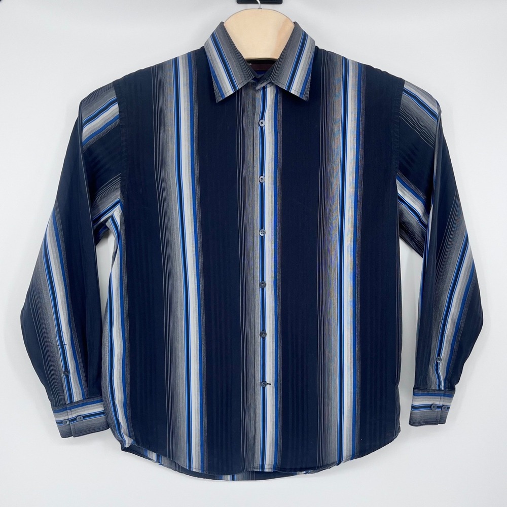 Perry Ellis Button Down Shirt Men Medium Blue Grey Black Striped Business Casual